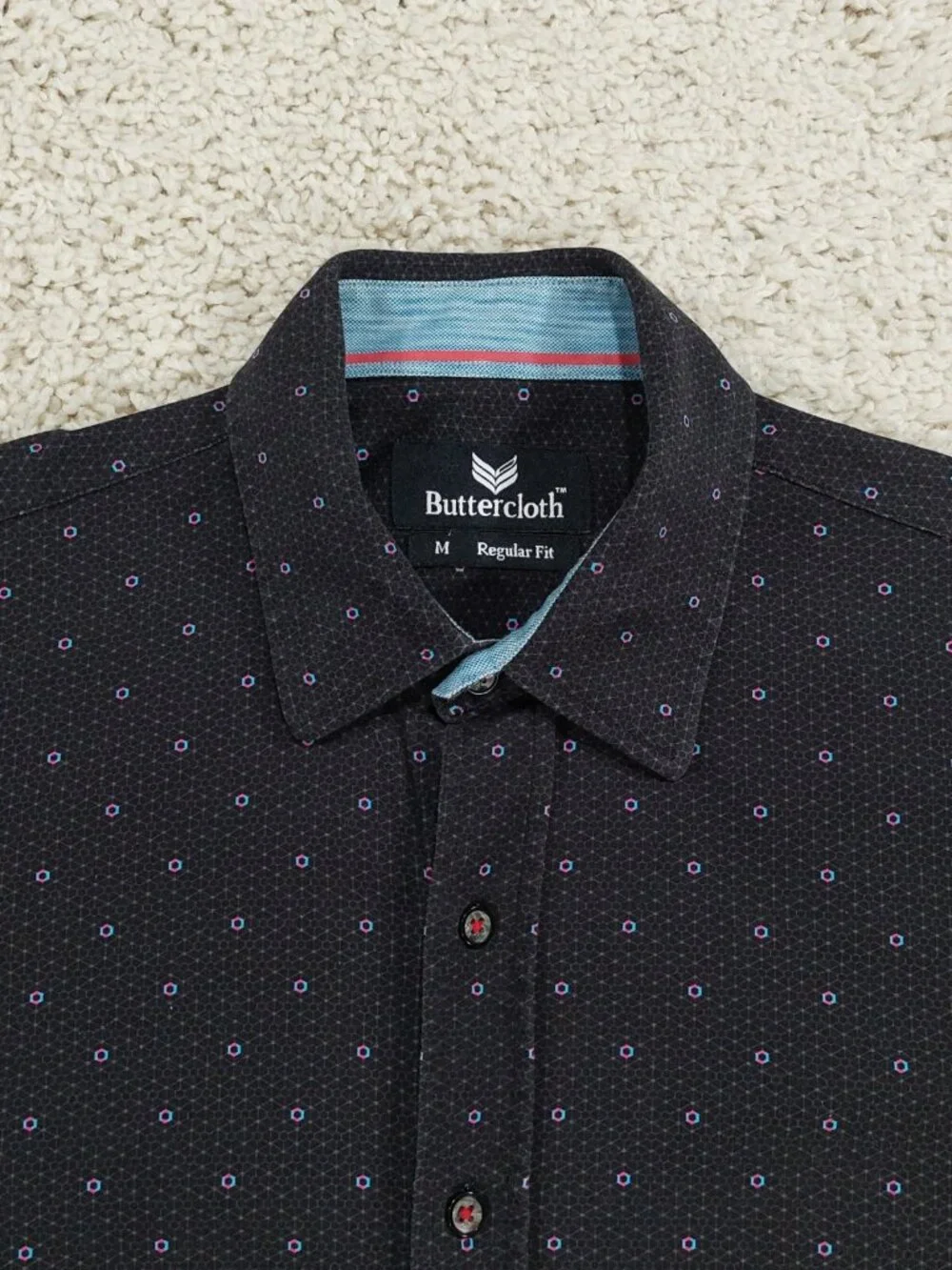 Buttercloth Button Up Shirt, Black Geometric Polka Dot Print, Cotton. Men's Sz M